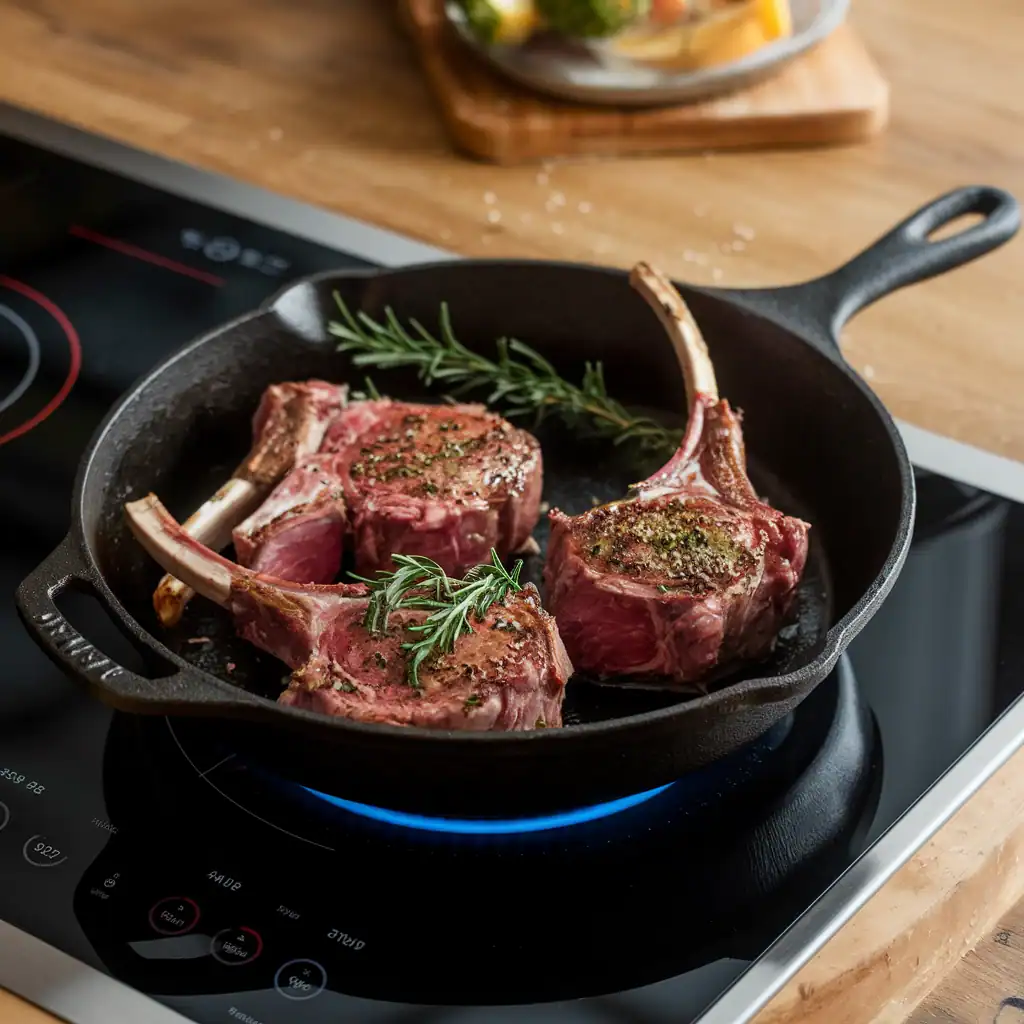Cast iron pan with lamb chops
